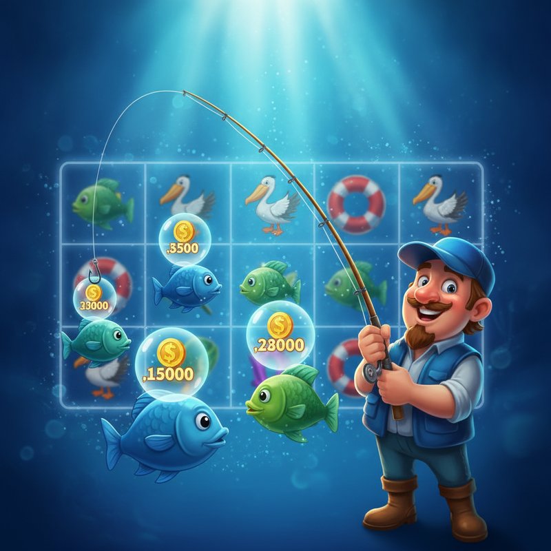 Fishin Frenzy free games feature with fisherman wild catching fish prize values on screen