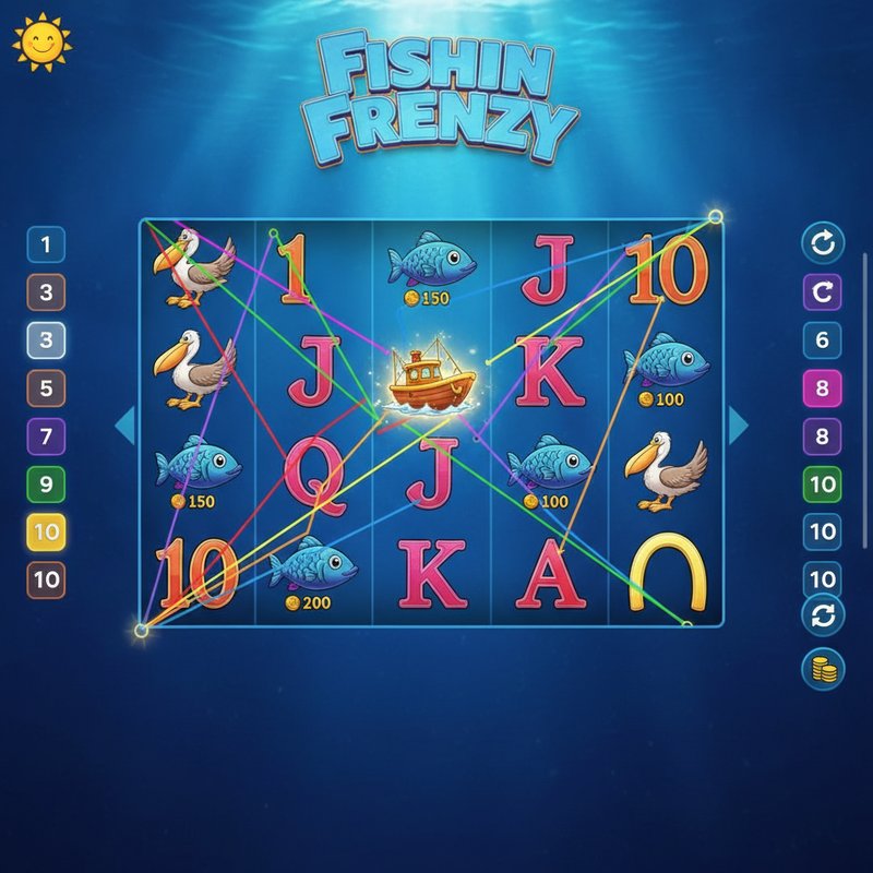 Fishin Frenzy gameplay showing active coloured paylines across the 5x3 reel grid with boat scatter