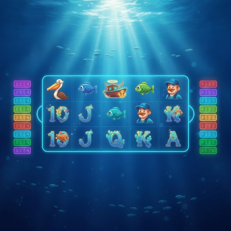 Fishin Frenzy slot main screen showing 5x3 reels over an underwater ocean scene with bright blue water and sunlight