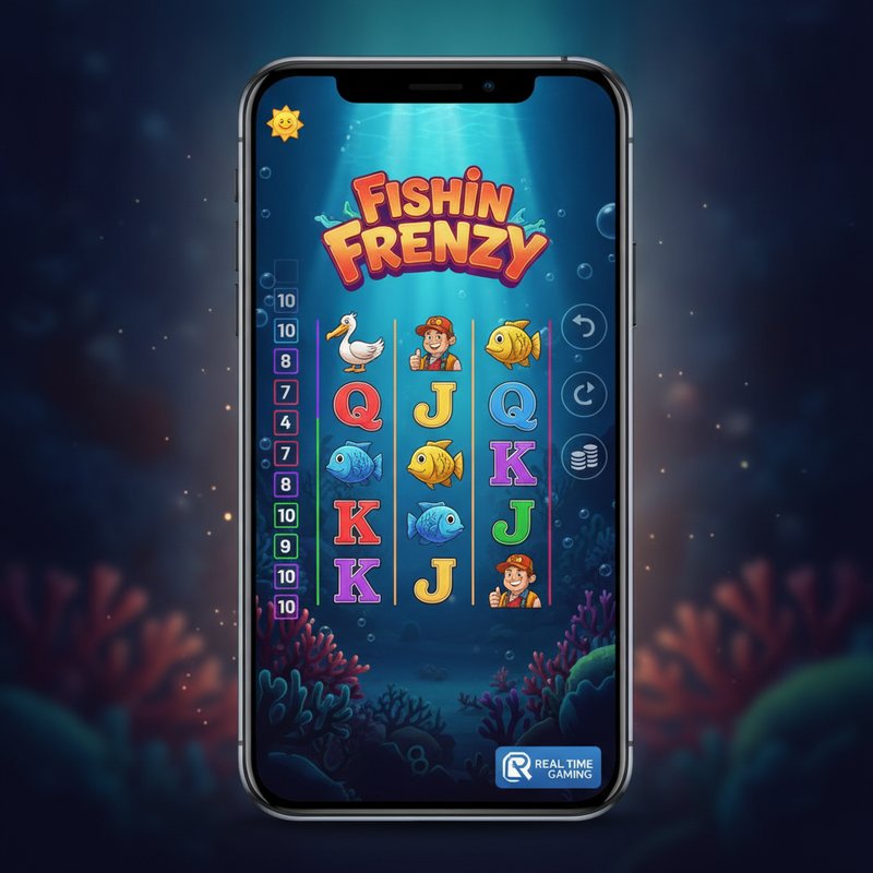 Fishin Frenzy slot running on a mobile device with ocean backdrop and Real Time Gaming logo