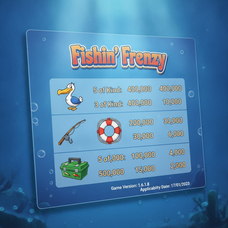 Fishin Frenzy paytable showing pelican, fishing rod, life preserver and tackle box symbol payouts